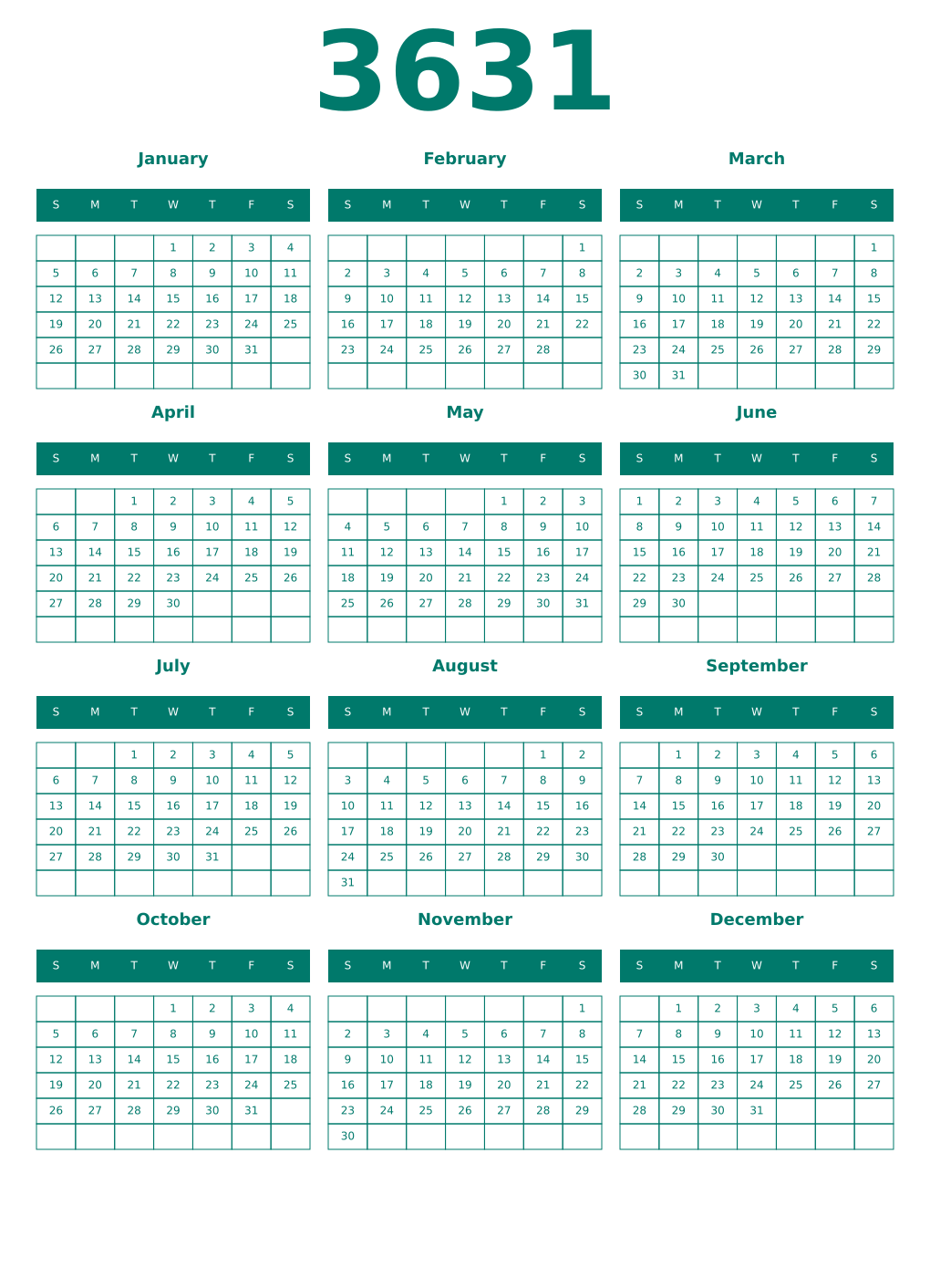 Printable 3631 Year Calendars pastel
