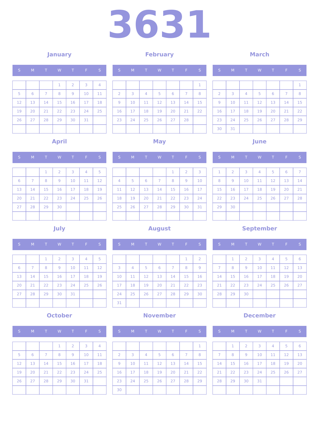 Printable 3631 Year Calendars periwinkle