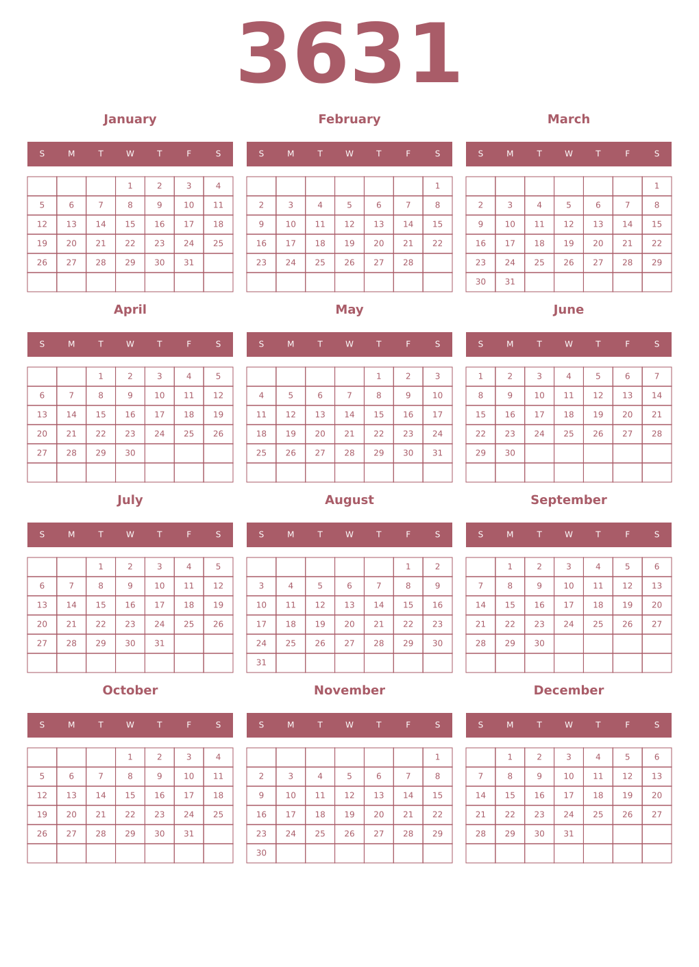 Printable 3631 Year Calendars puce