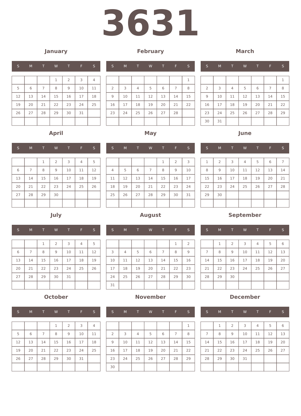 Printable 3631 Year Calendars wenge