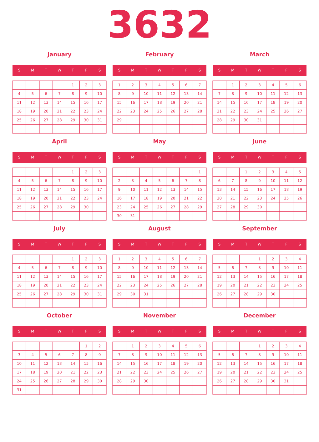 Printable 3632 Year Calendars amaranth