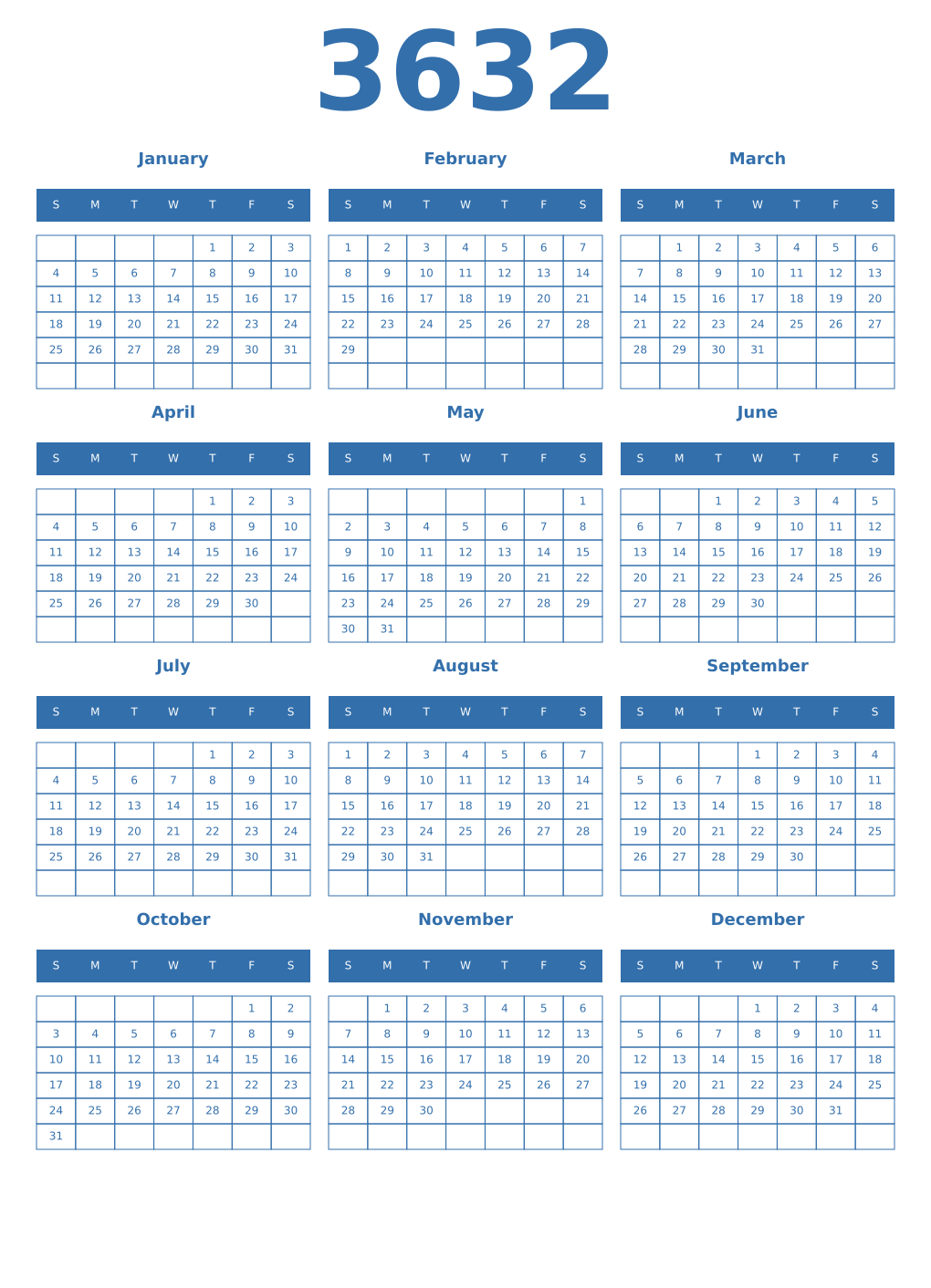 Printable 3632 Year Calendars blue