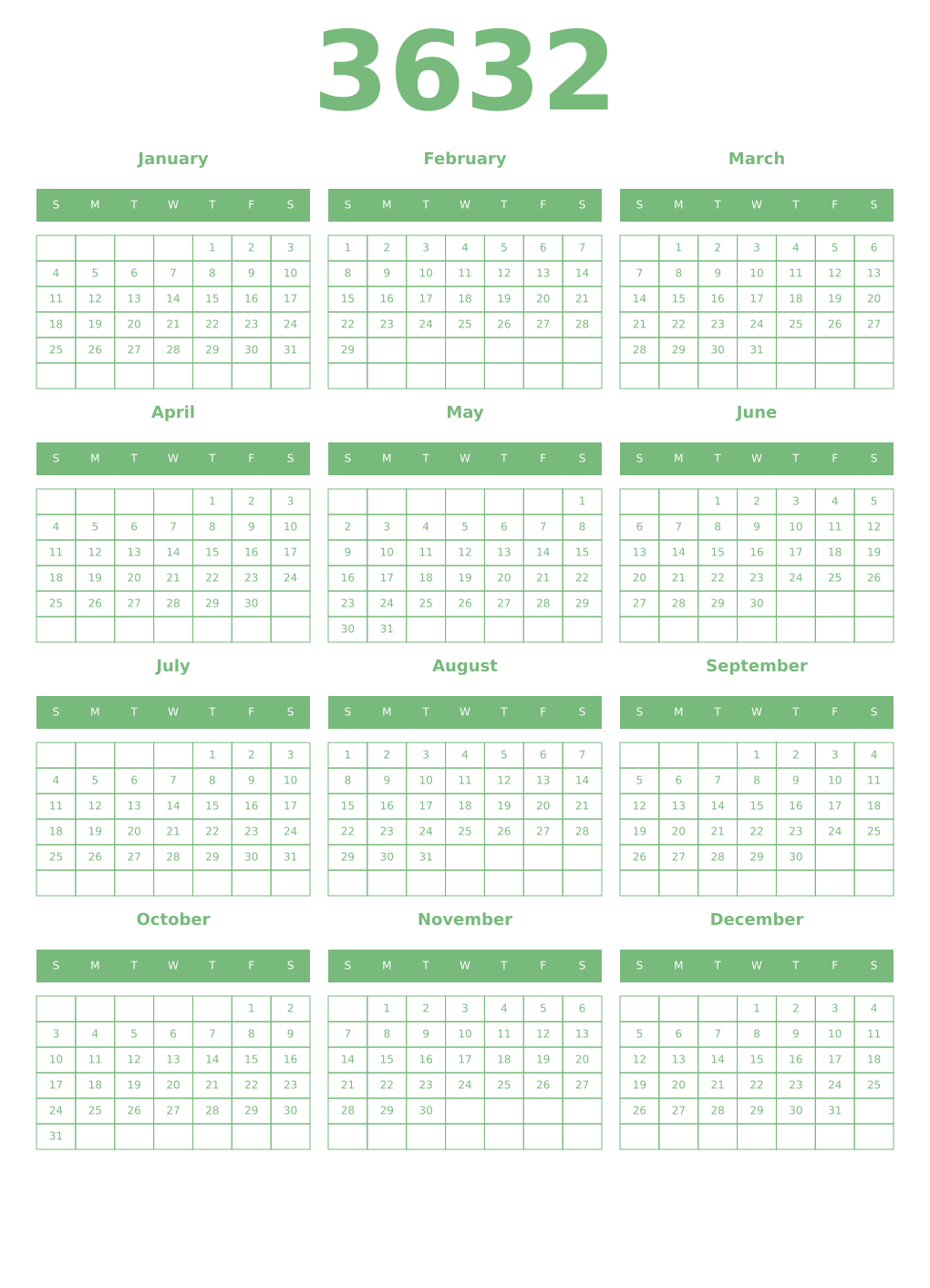 Printable 3632 Year Calendars celadon