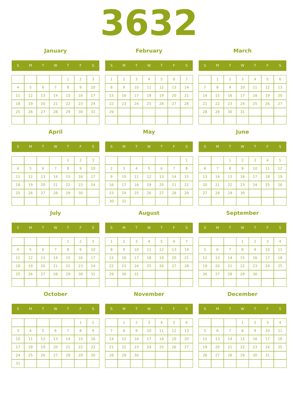 Printable 3632 Year Calendars chartreuse