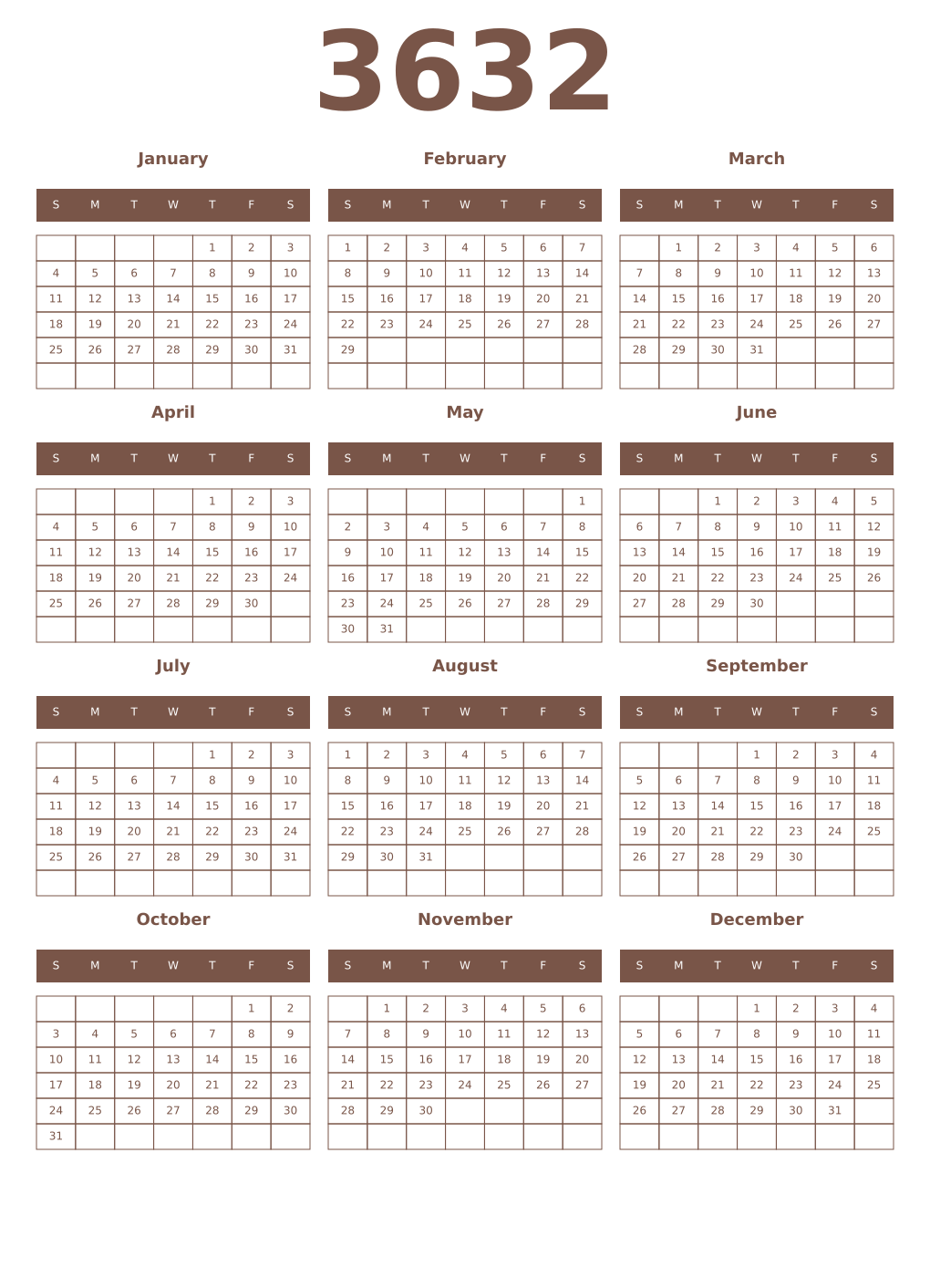 Printable 3632 Year Calendars coffe
