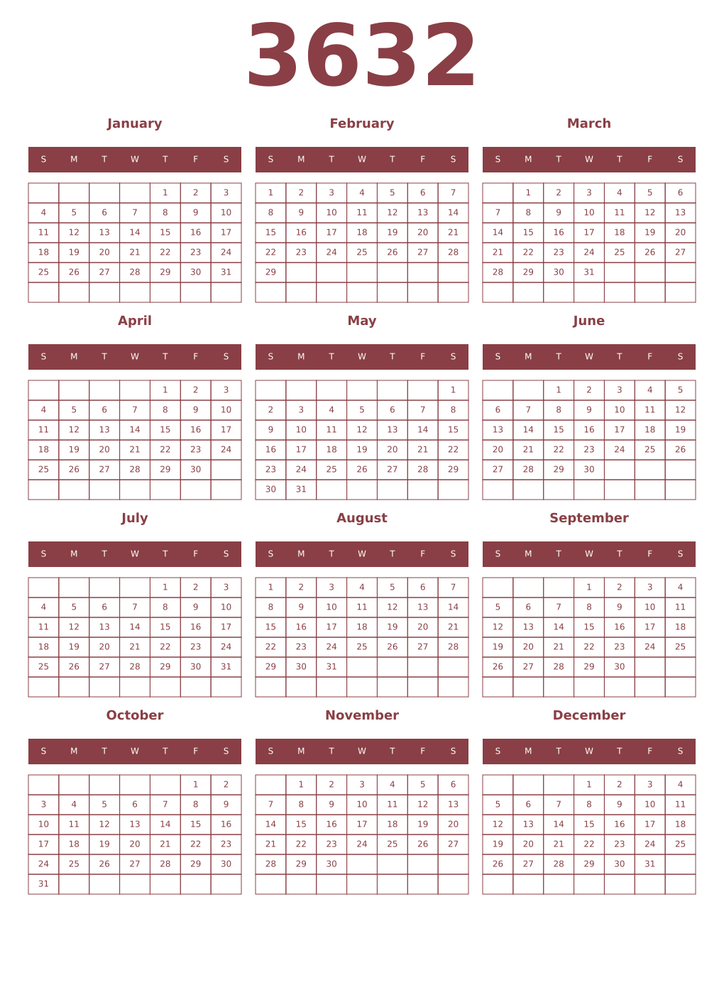 Printable 3632 Year Calendars cordovan