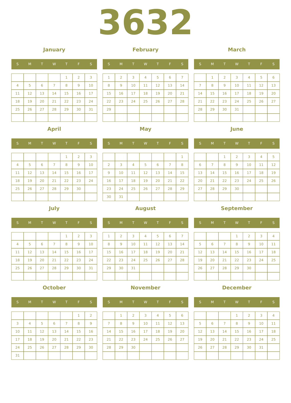 Printable 3632 Year Calendars eburnean