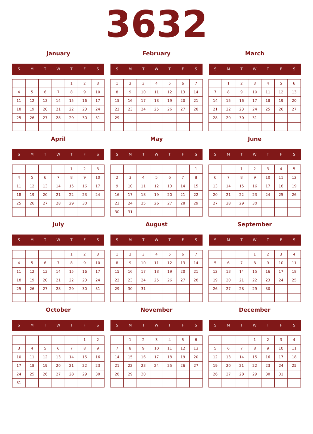 Printable 3632 Year Calendars falu