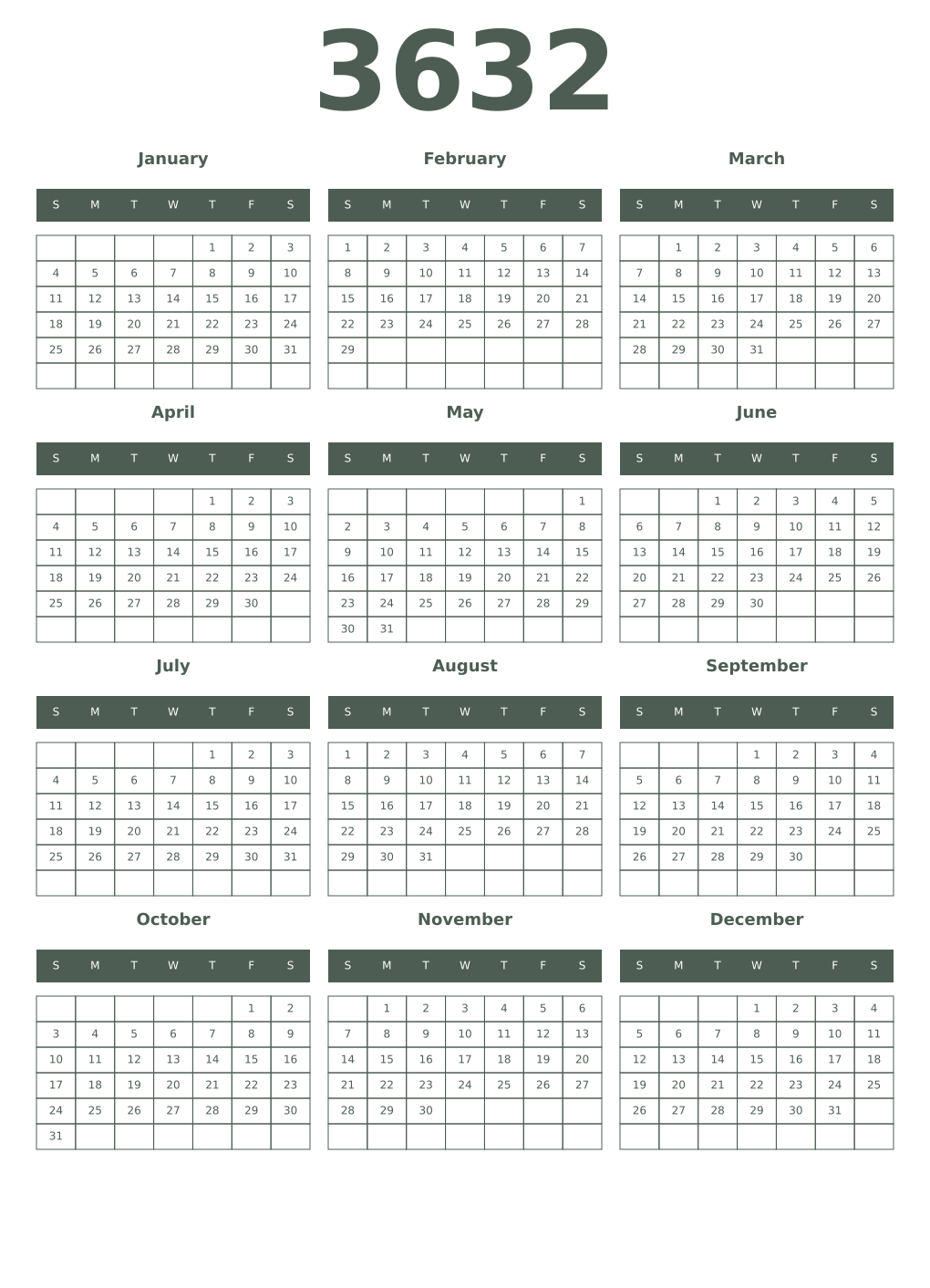 Printable 3632 Year Calendars feldgrau
