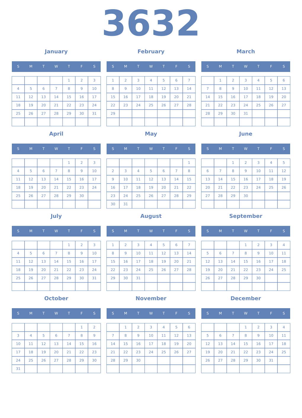 Printable 3632 Year Calendars glaucous