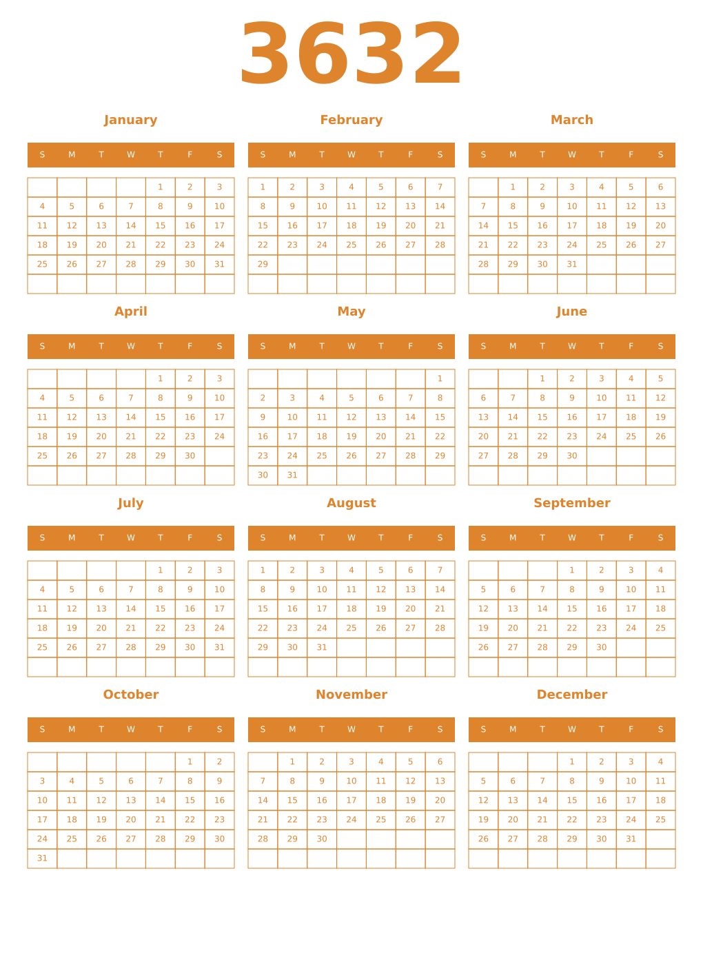Printable 3632 Year Calendars orange