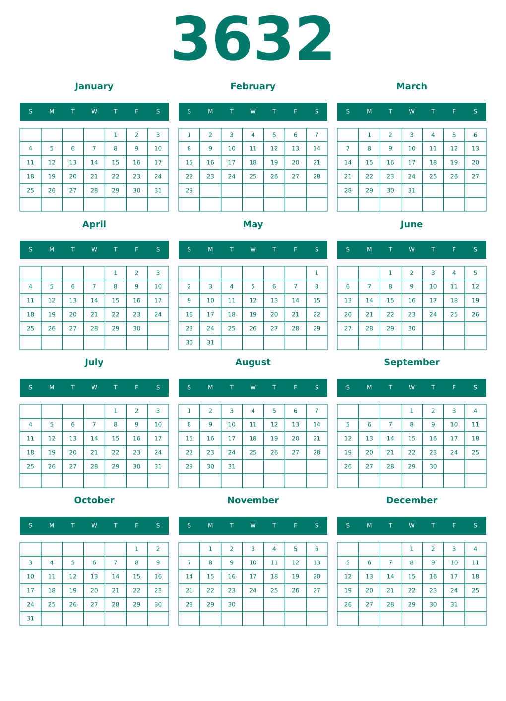 Printable 3632 Year Calendars pastel
