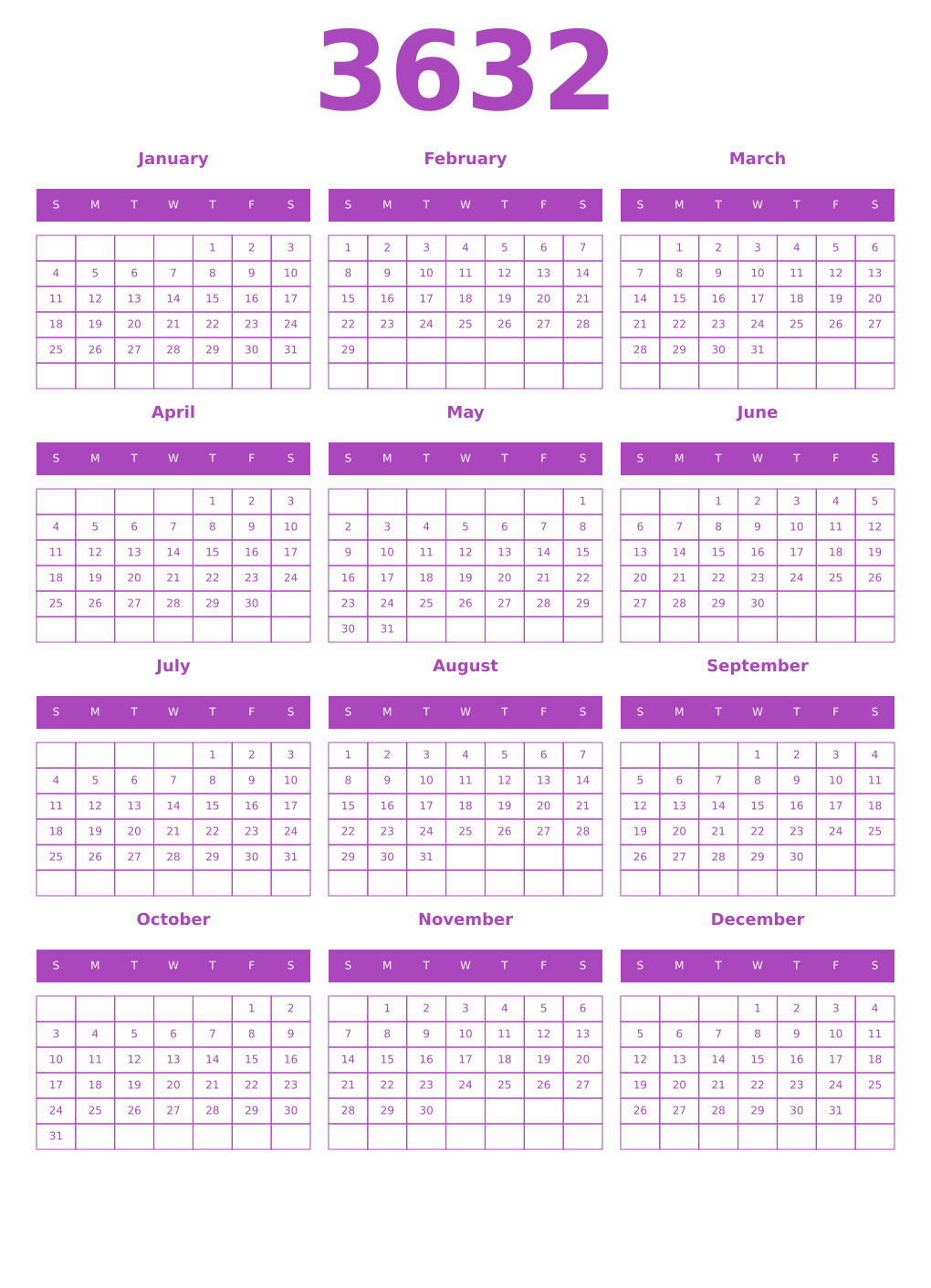 Printable 3632 Year Calendars purple