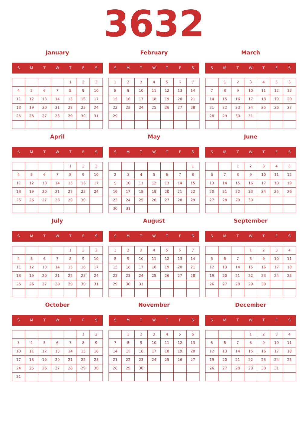 Printable 3632 Year Calendars red