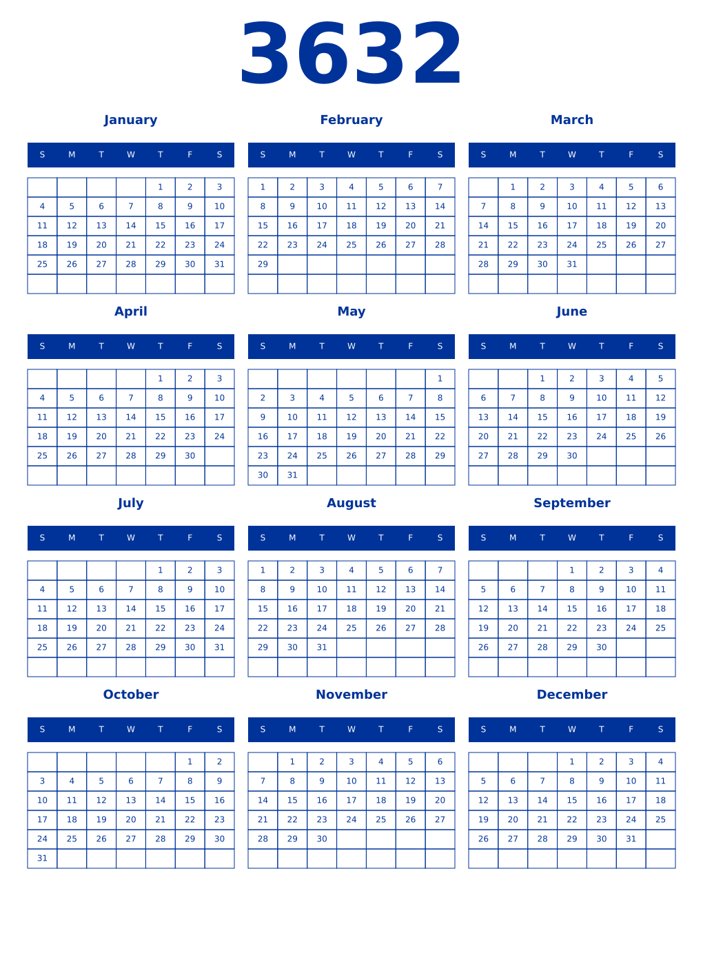 Printable 3632 Year Calendars smalt