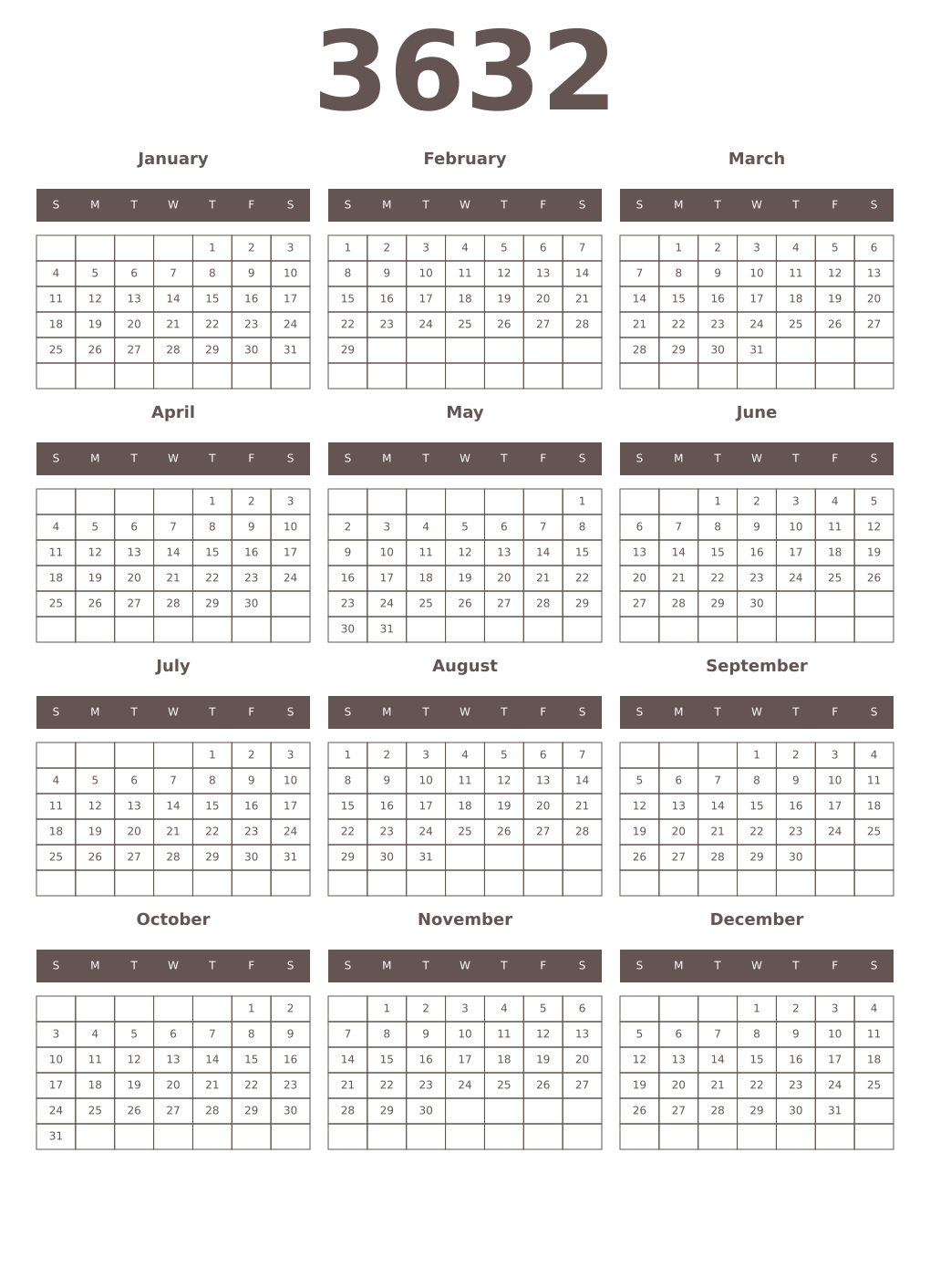 Printable 3632 Year Calendars wenge