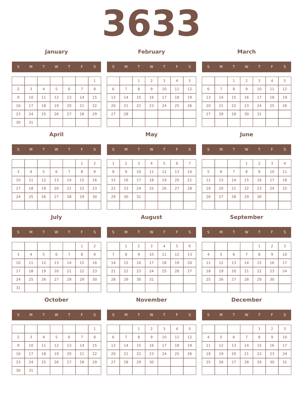 Printable 3633 Year Calendars coffe