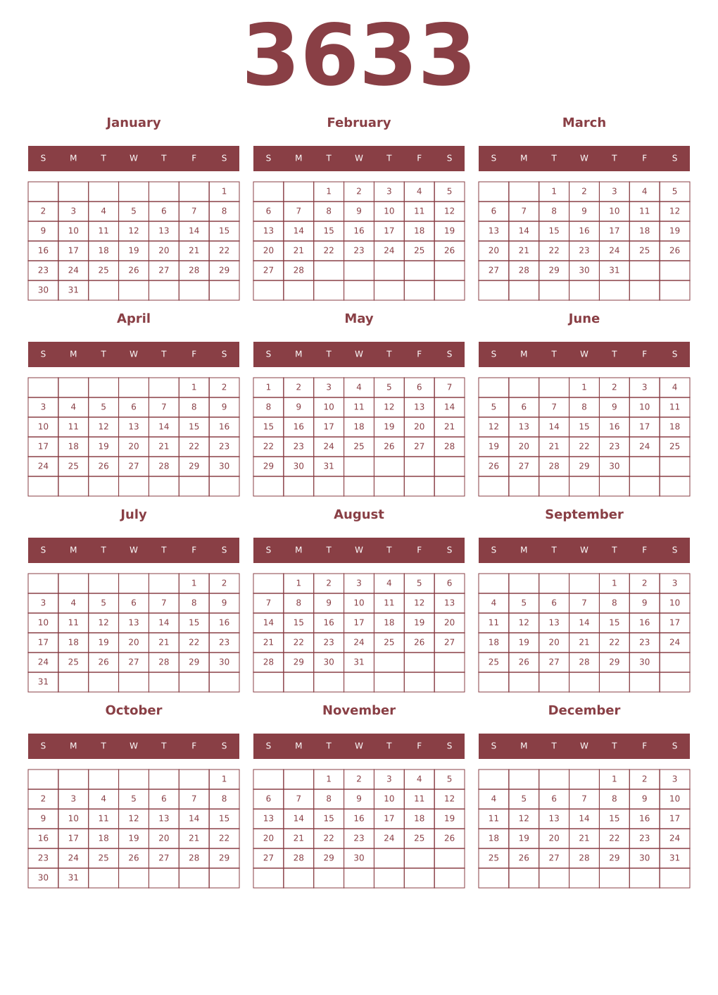 Printable 3633 Year Calendars cordovan