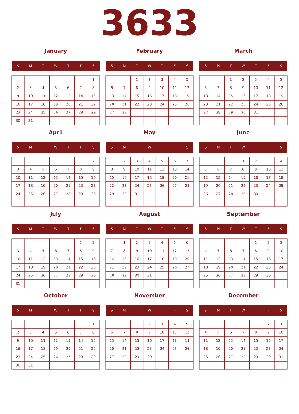 Printable 3633 Year Calendars falu