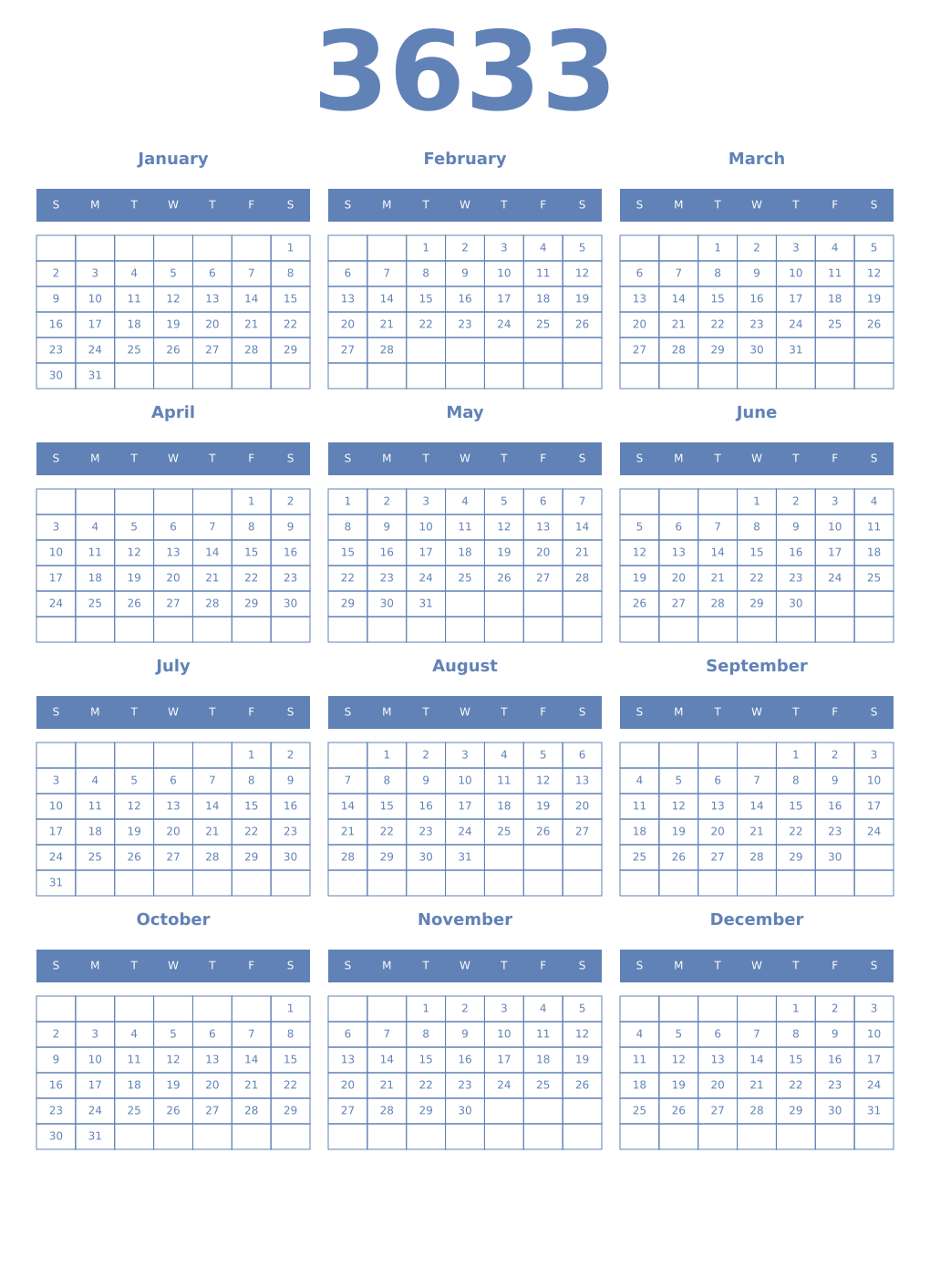 Printable 3633 Year Calendars glaucous