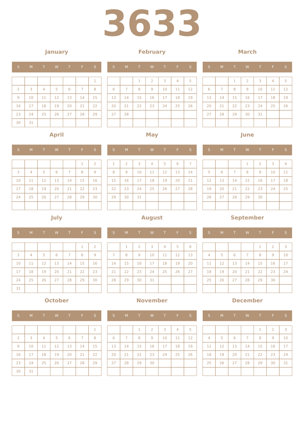 Printable 3633 Year Calendars isabelline