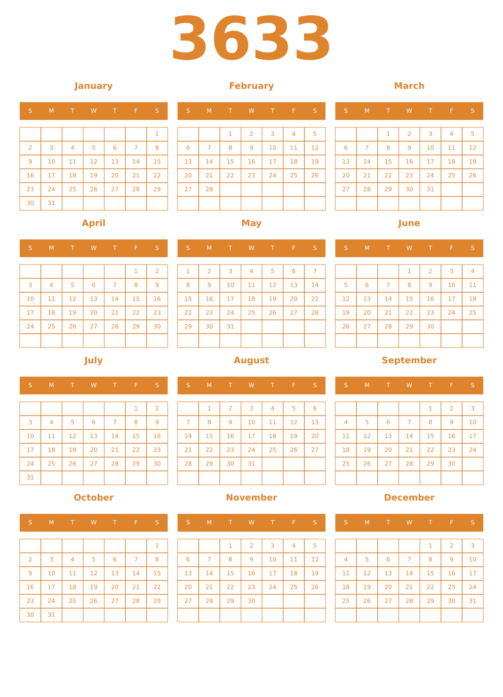 Printable 3633 Year Calendars orange