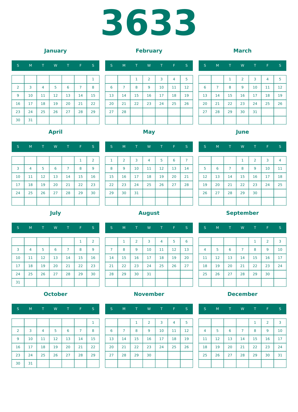 Printable 3633 Year Calendars pastel