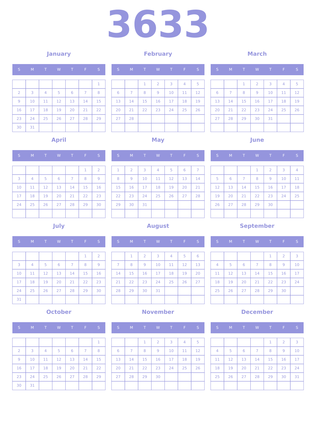 Printable 3633 Year Calendars periwinkle