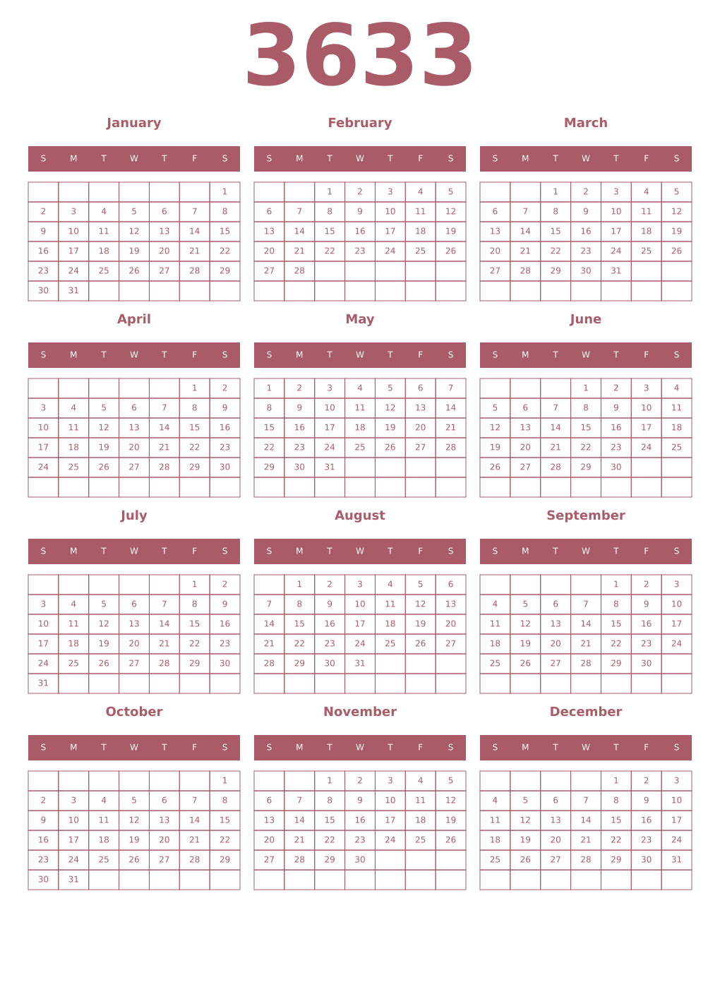 Printable 3633 Year Calendars puce
