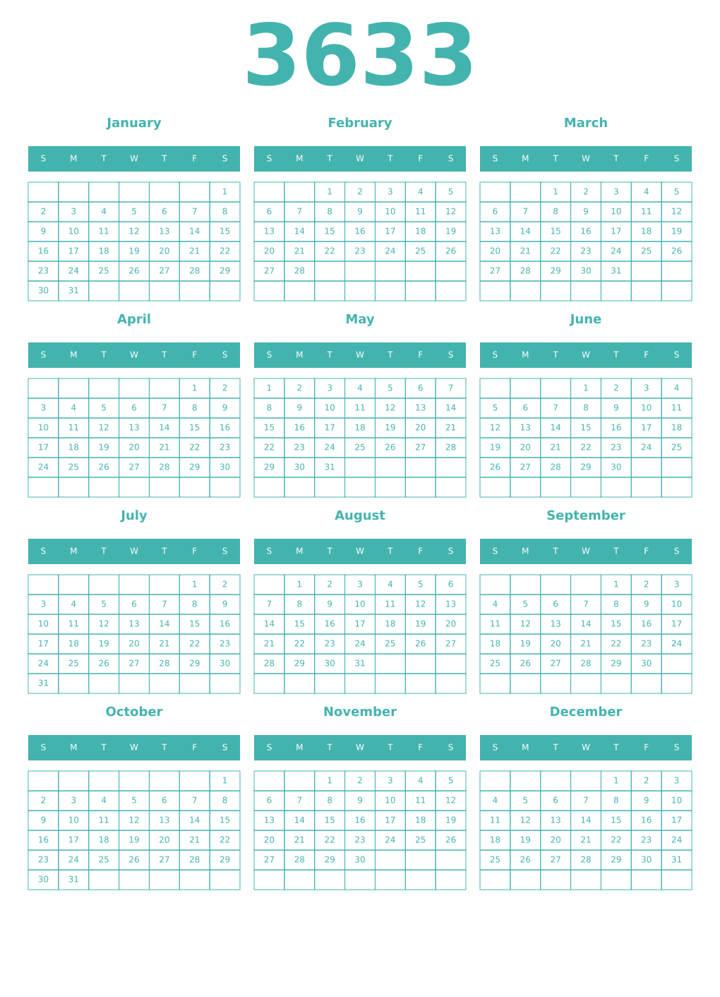 Printable 3633 Year Calendars verdigris