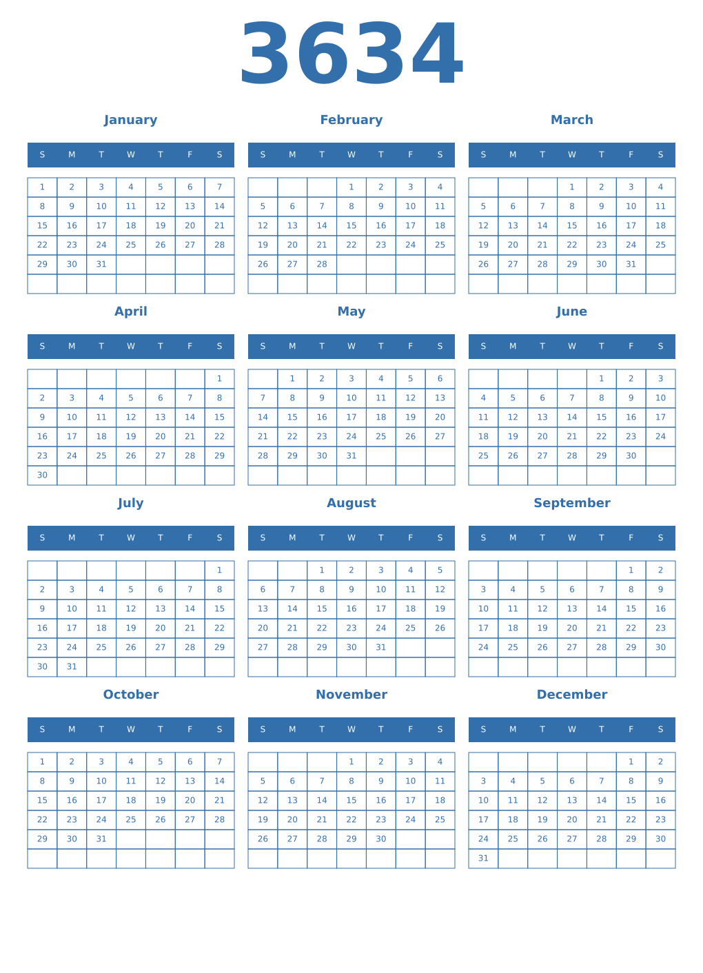 Printable 3634 Year Calendars blue