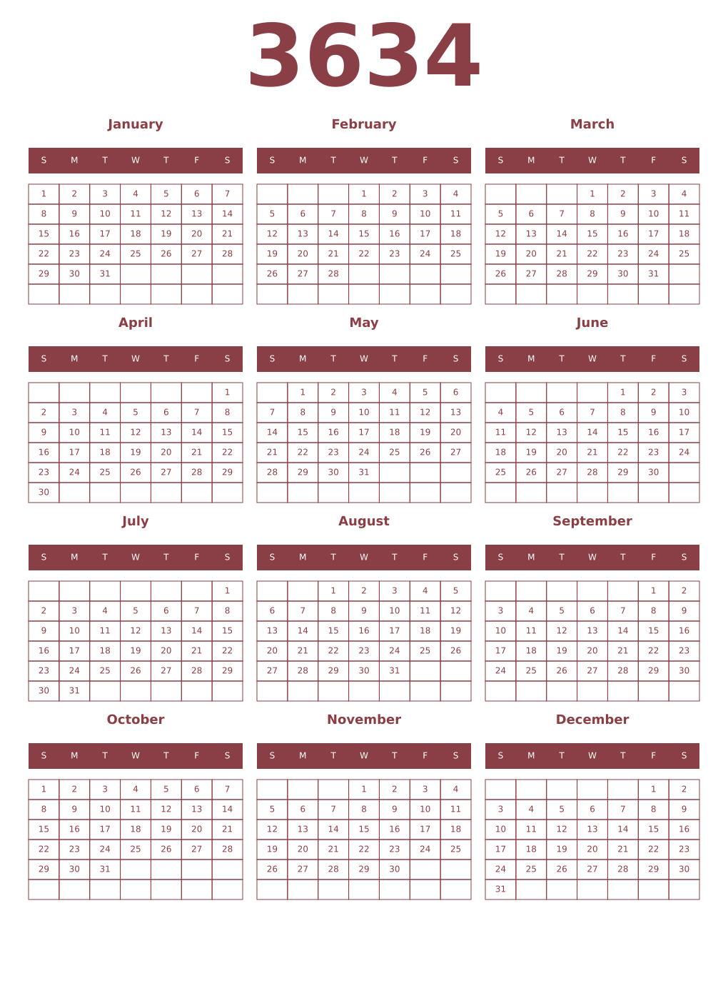 Printable 3634 Year Calendars cordovan