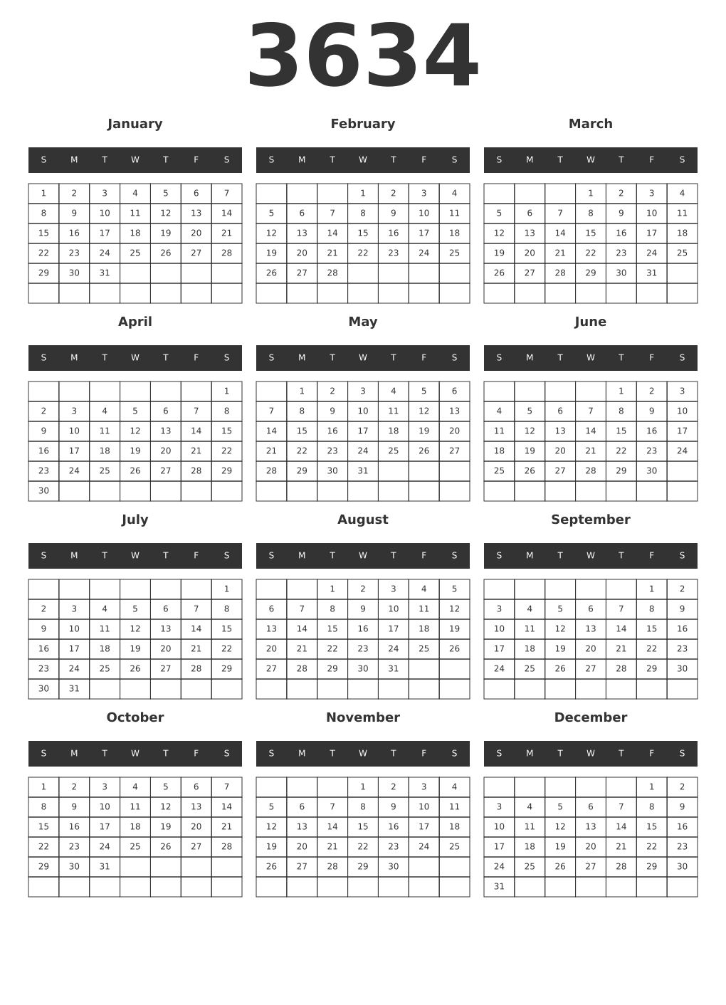Printable 3634 Year Calendars dark