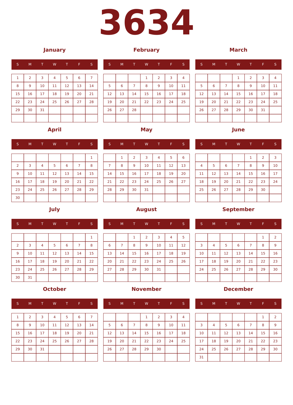 Printable 3634 Year Calendars falu