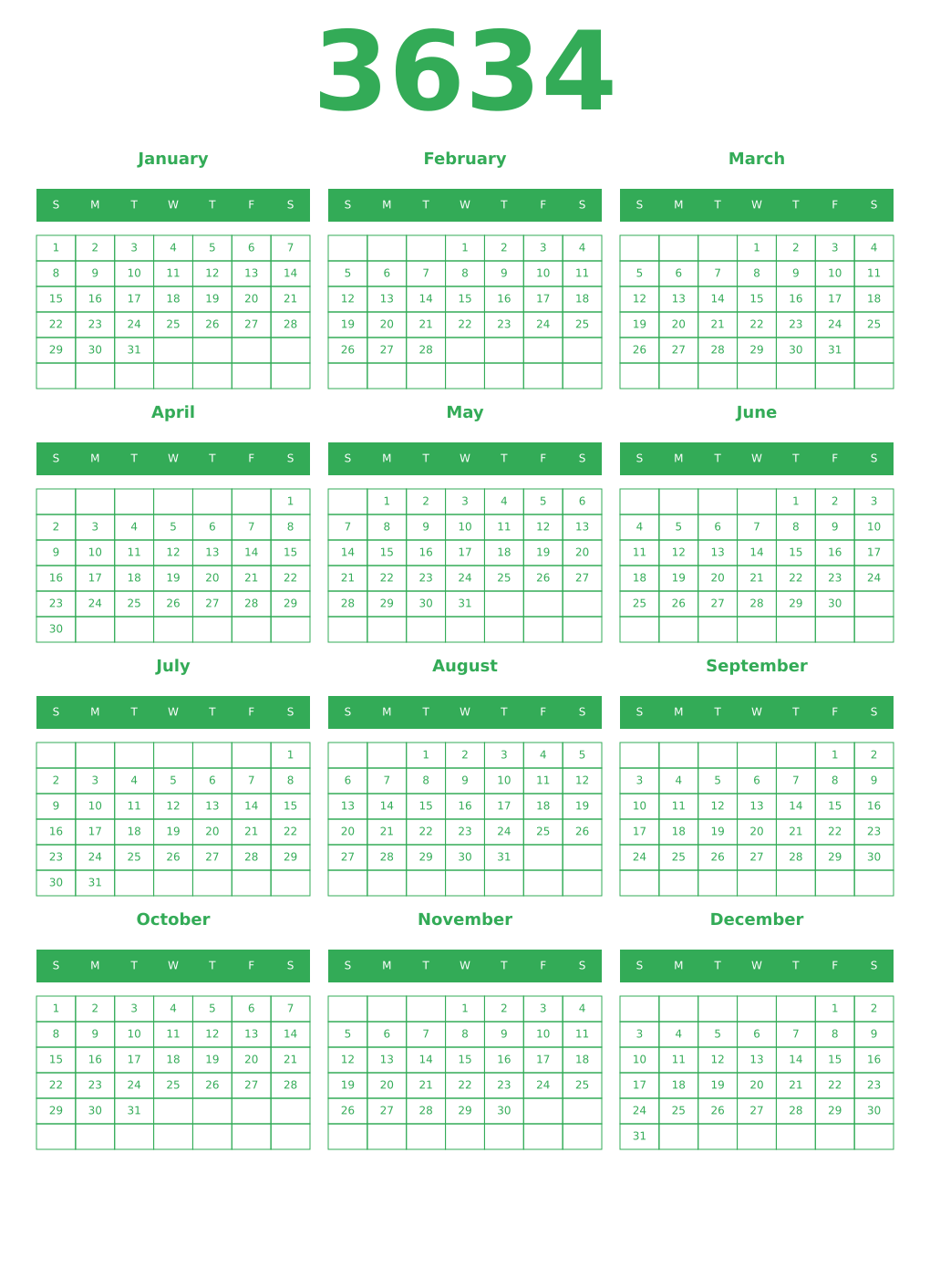 Printable 3634 Year Calendars green