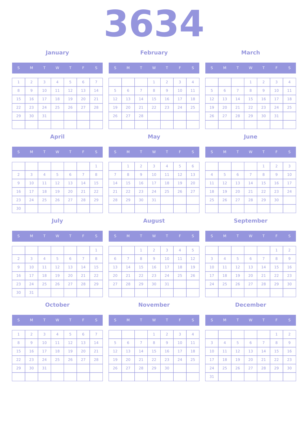 Printable 3634 Year Calendars periwinkle