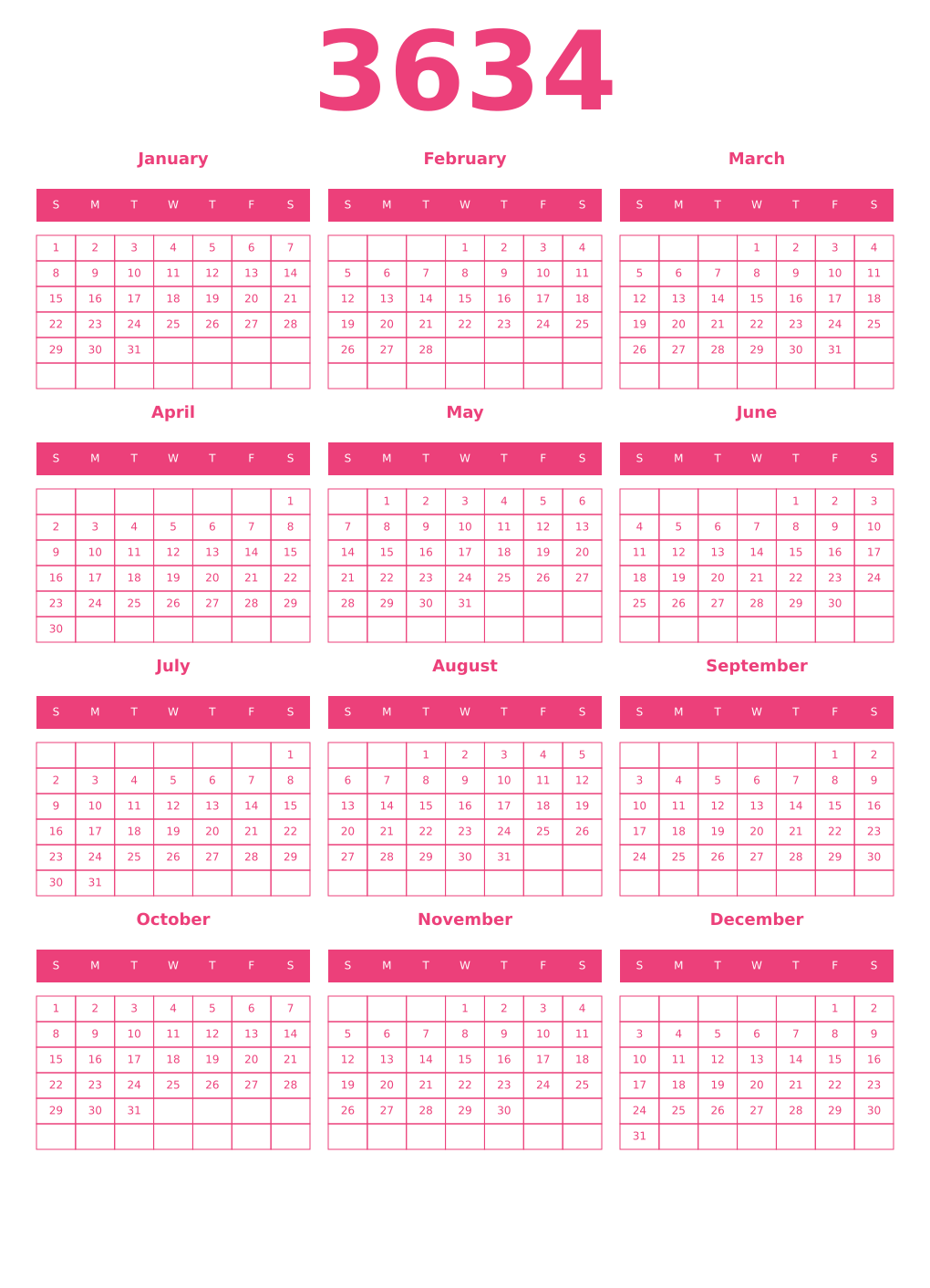 Printable 3634 Year Calendars pink