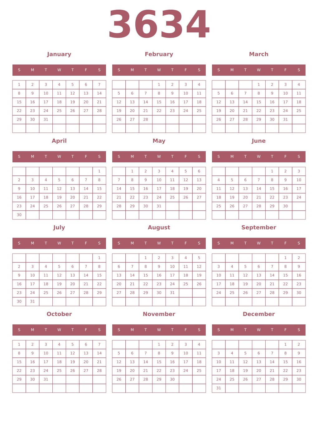Printable 3634 Year Calendars puce
