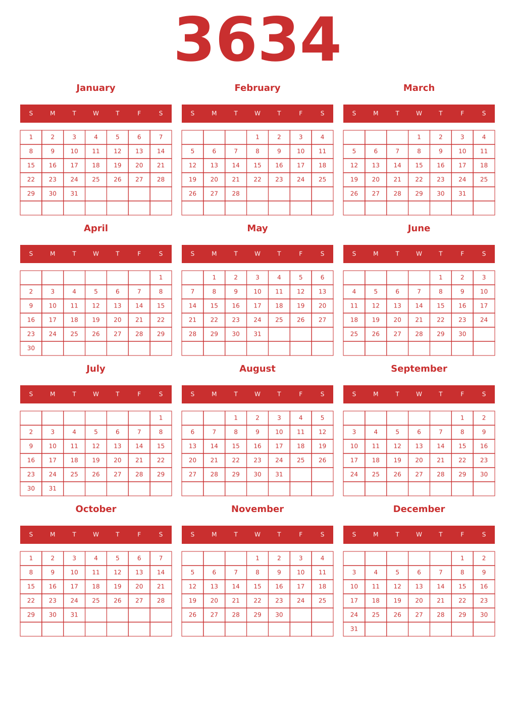 Printable 3634 Year Calendars red