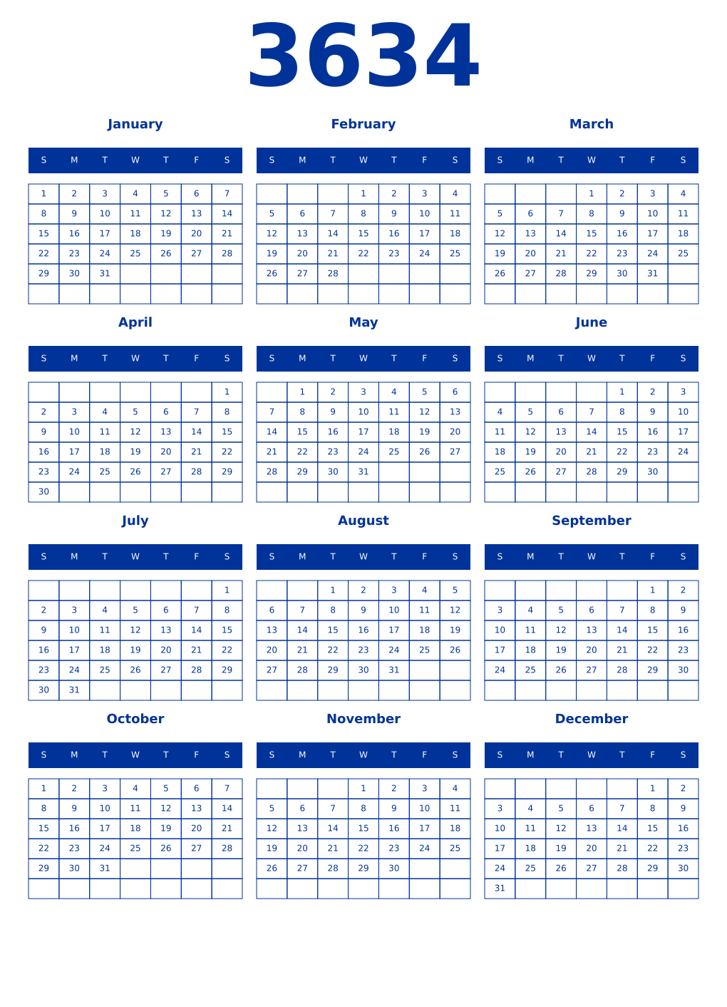 Printable 3634 Year Calendars smalt