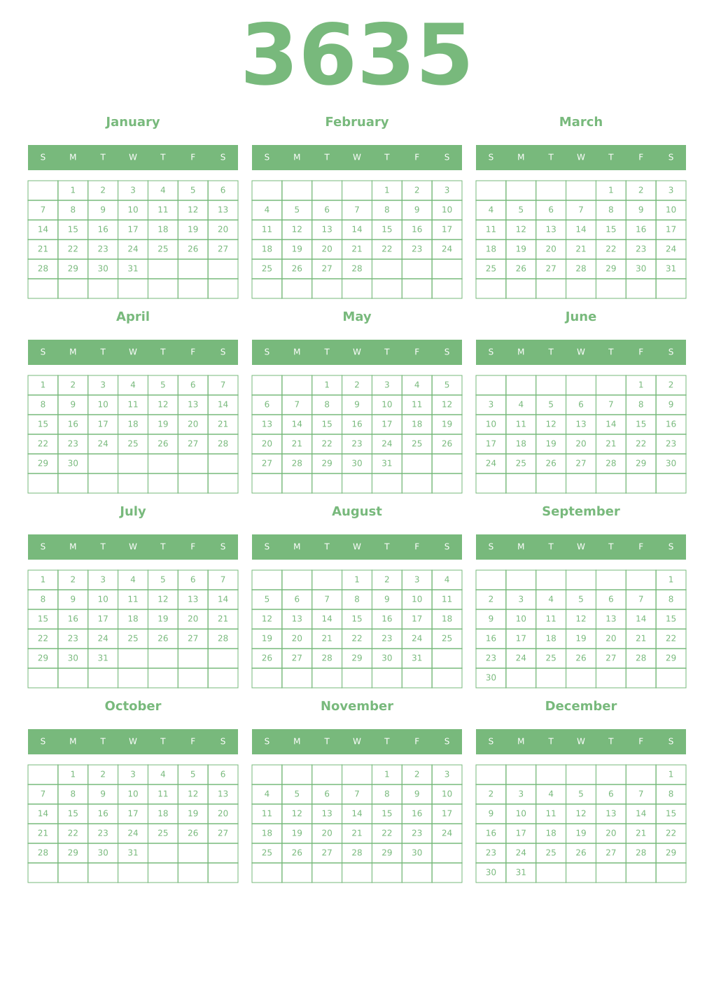 Printable 3635 Year Calendars celadon