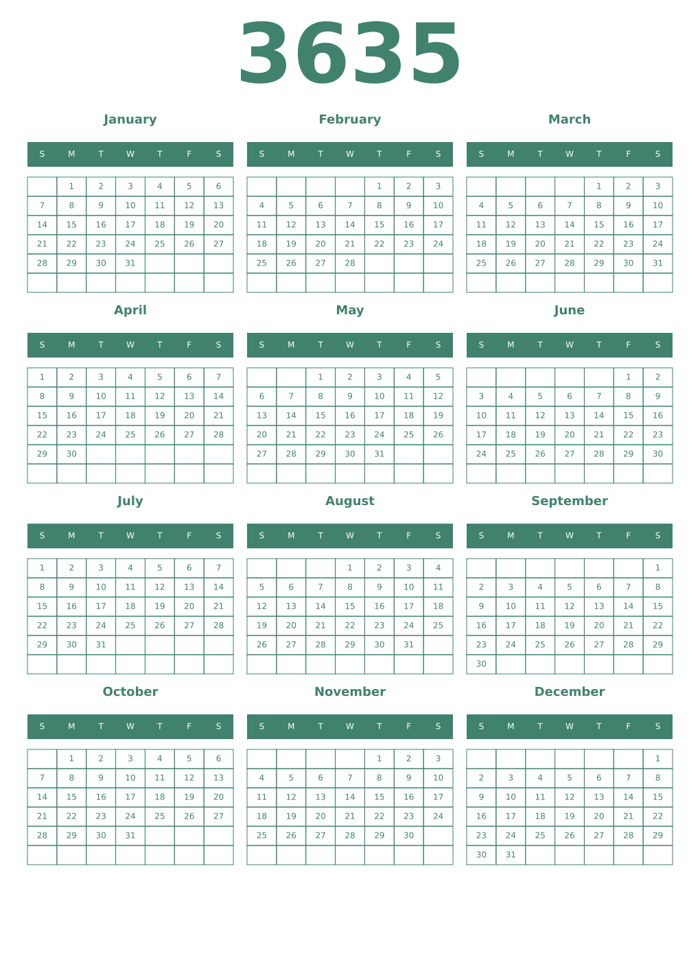 Printable 3635 Year Calendars viridian