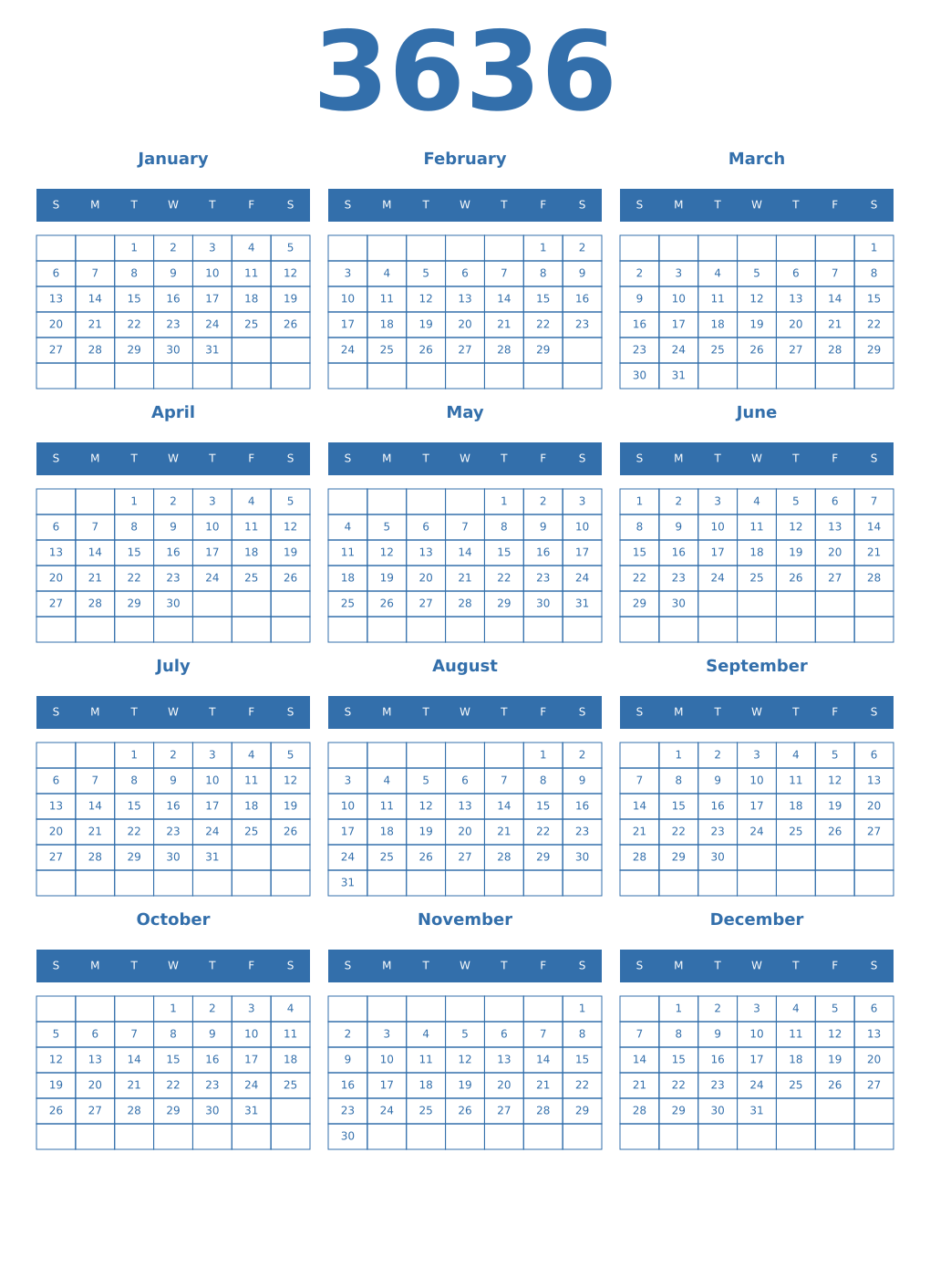 Printable 3636 Year Calendars blue