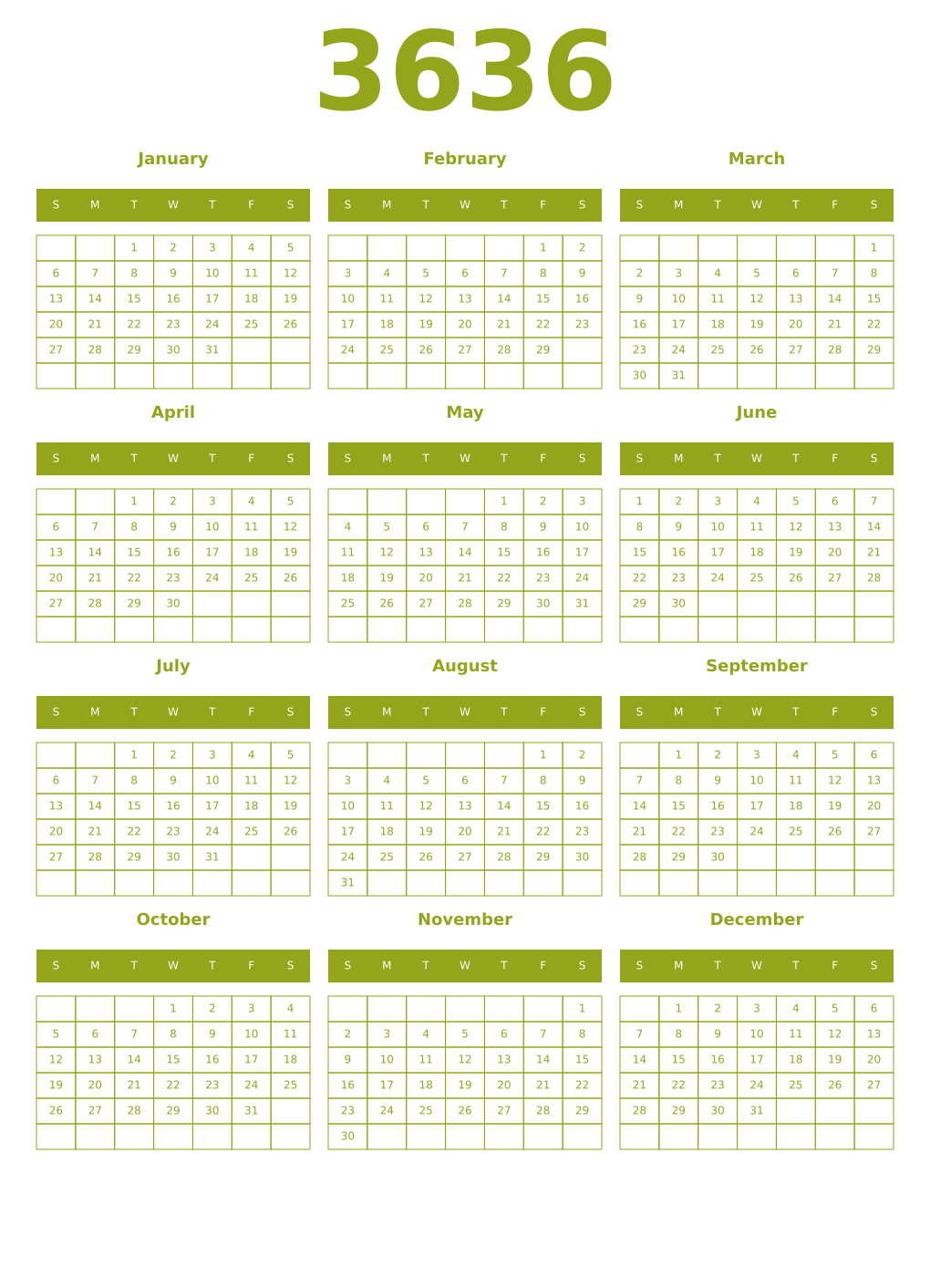 Printable 3636 Year Calendars chartreuse