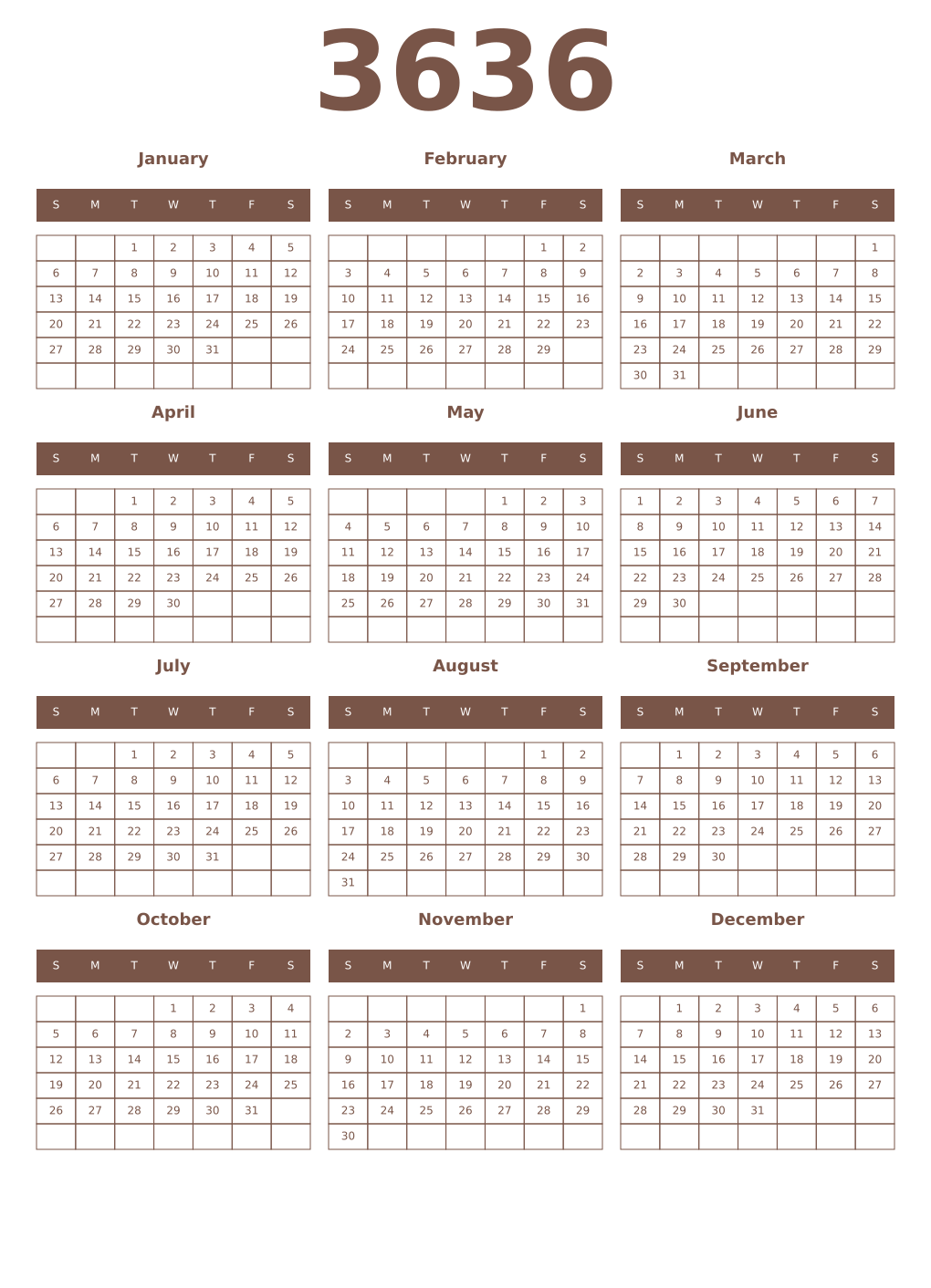 Printable 3636 Year Calendars coffe