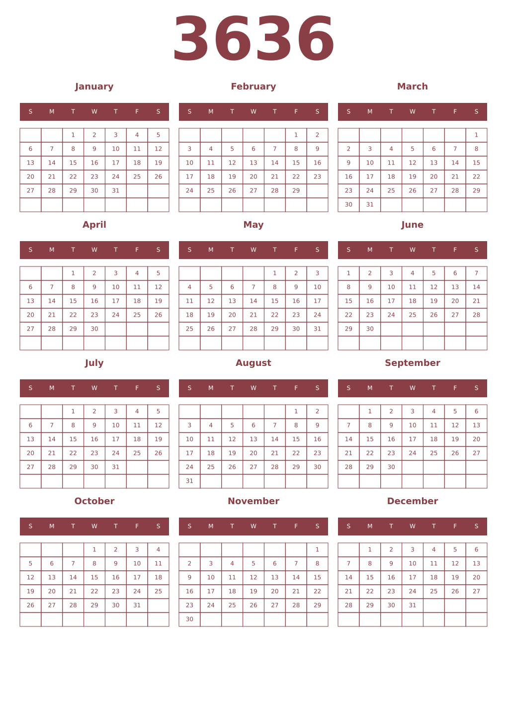 Printable 3636 Year Calendars cordovan