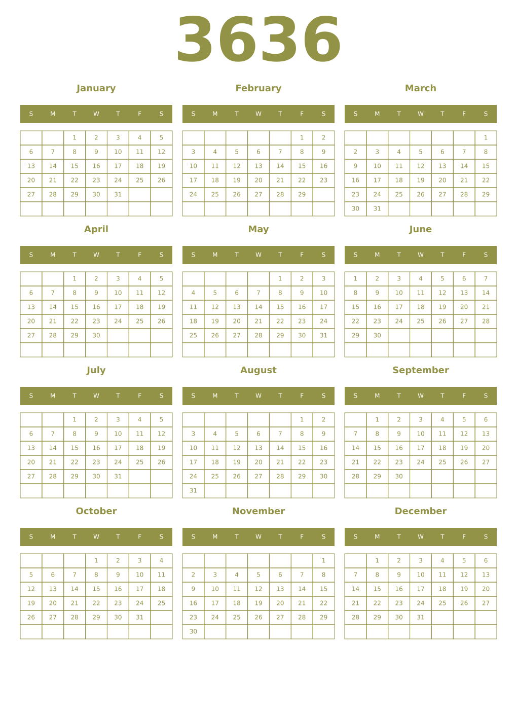 Printable 3636 Year Calendars eburnean