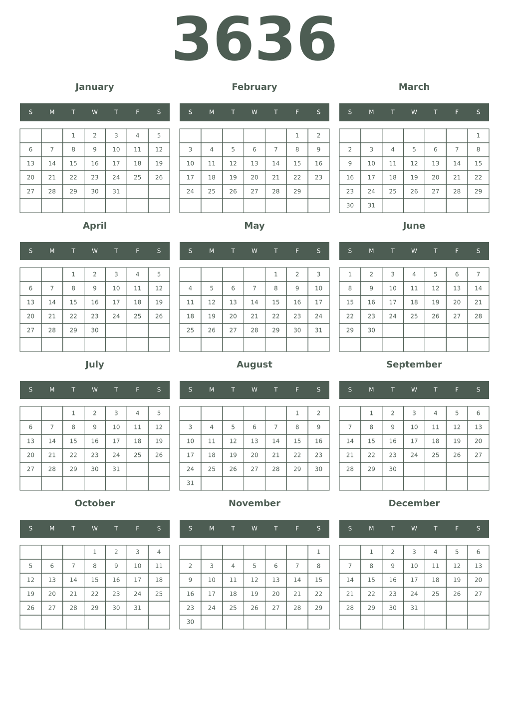 Printable 3636 Year Calendars feldgrau