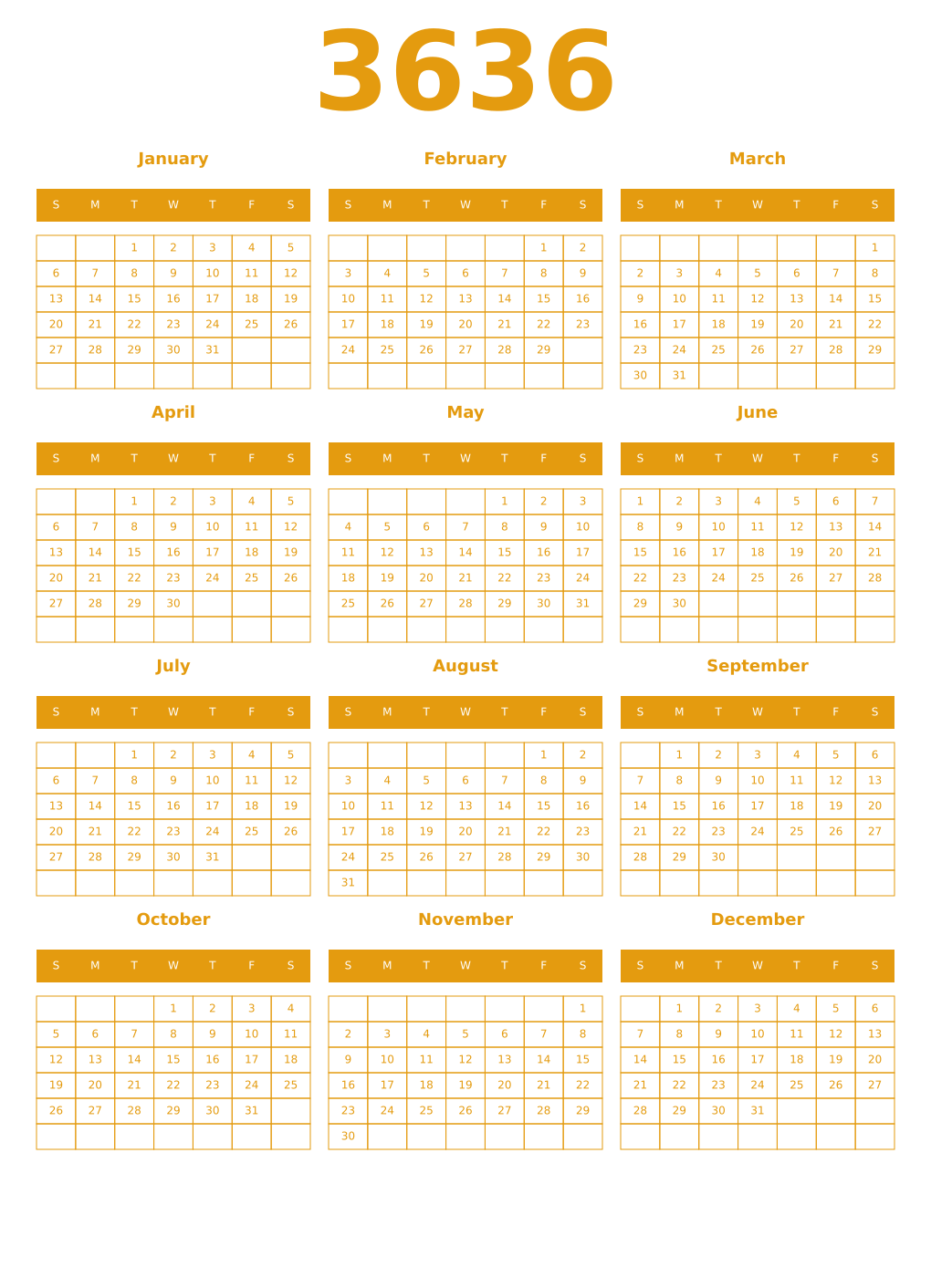 Printable 3636 Year Calendars gamboge