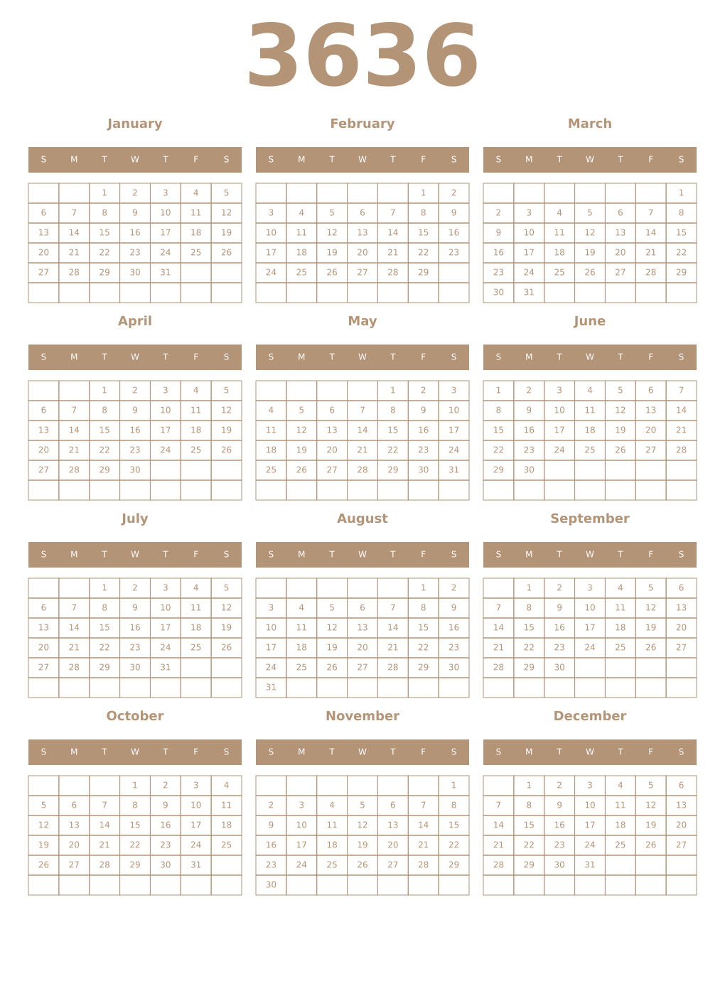 Printable 3636 Year Calendars isabelline